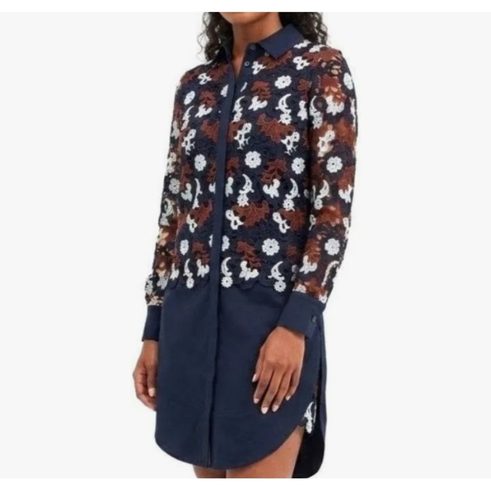 Tory Burch Shirt Dress Guipure Lace Floral Bittersweet Navy Elegant Size 8